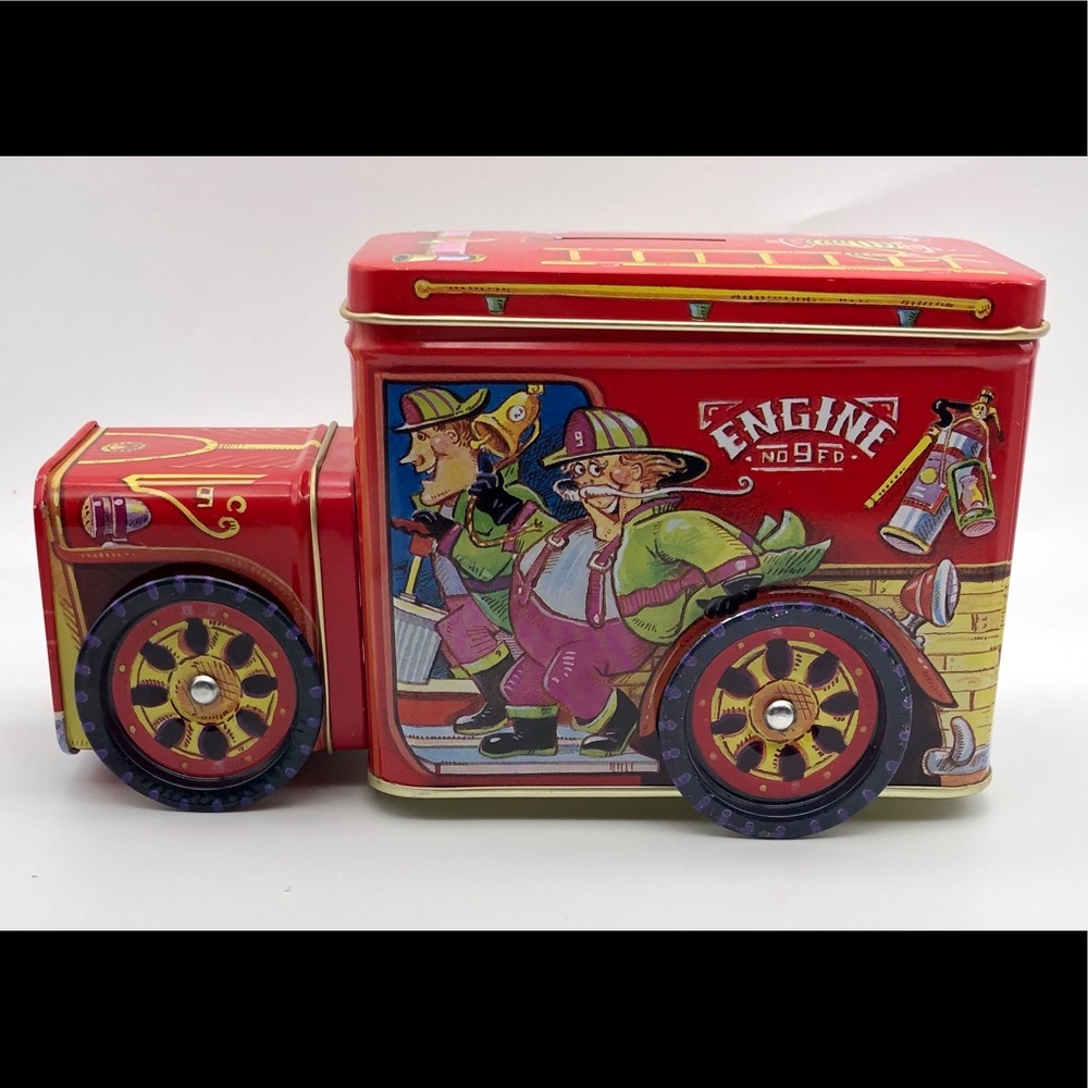 Vtg Fire Engine Rolling Tin Bank -Collectible-